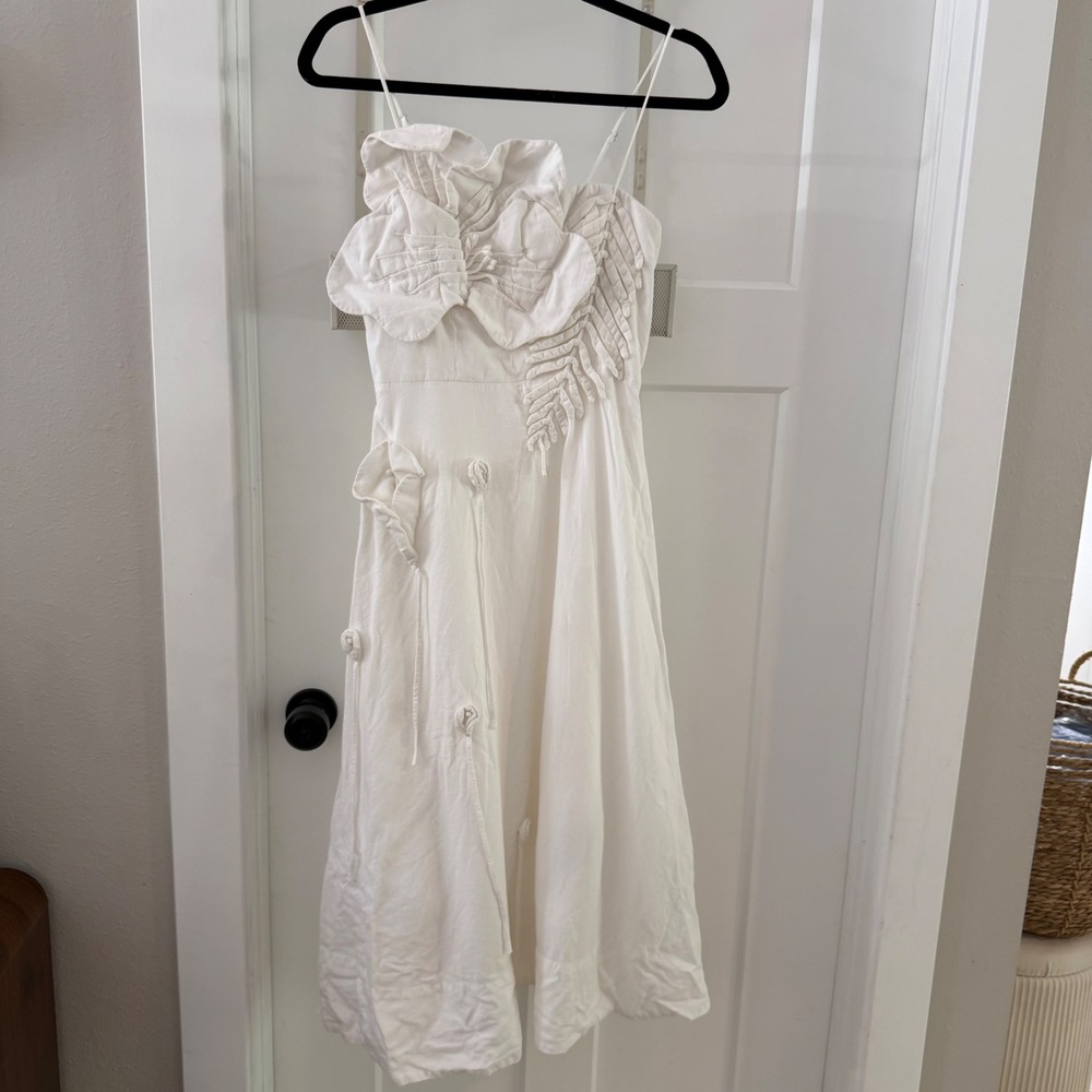 Farm Rio Off White Garden Euroflax Midi Dress Floral Applique Bridal S Boho